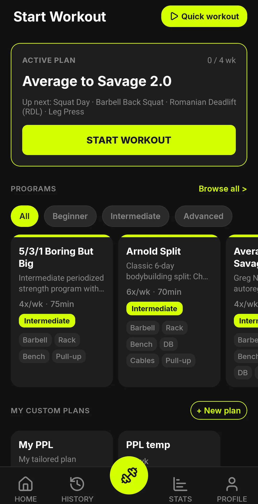 BULQ start-workout screen - active plan, programs and custom plans