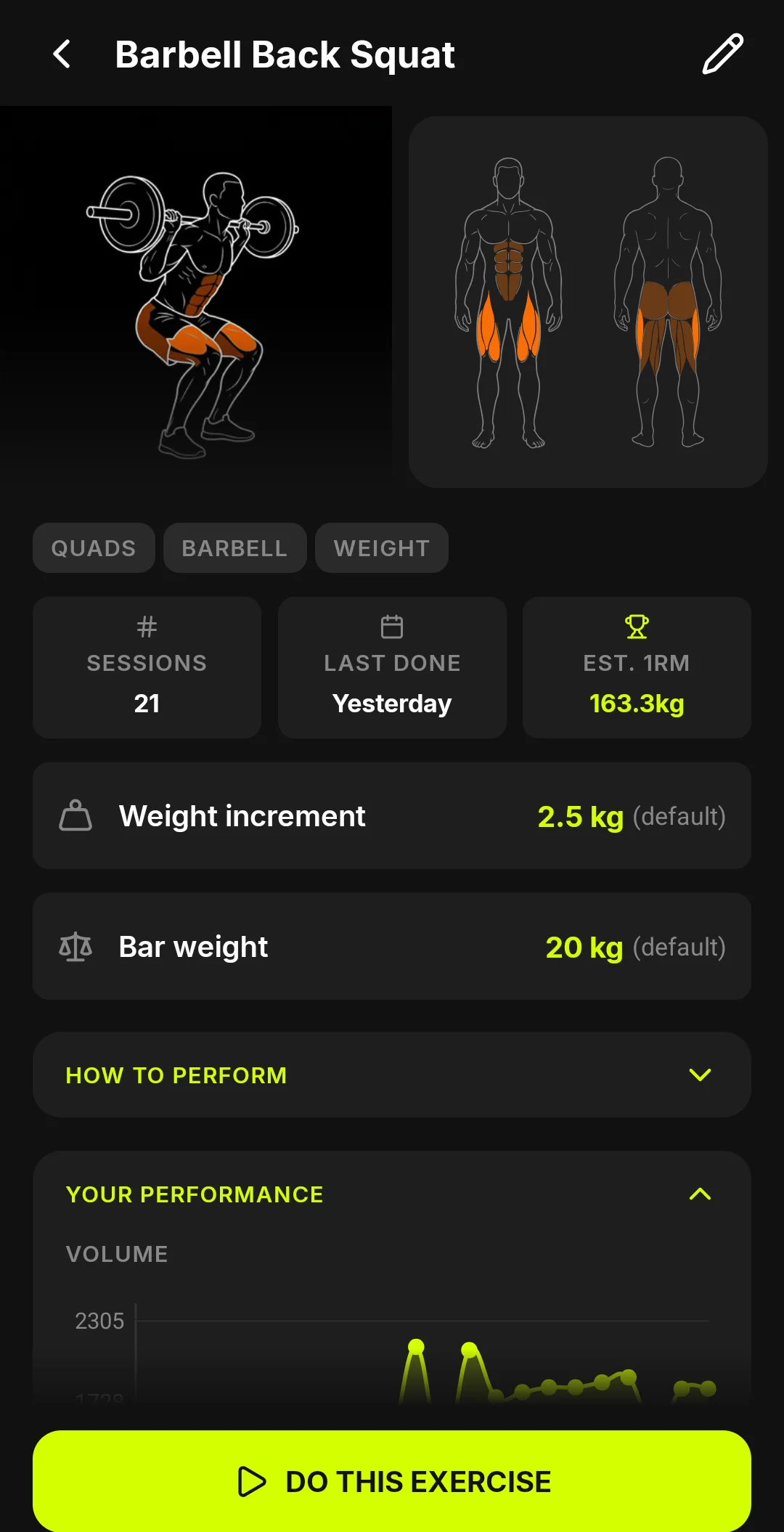 BULQ exercise detail - Barbell Back Squat stats and estimated 1RM