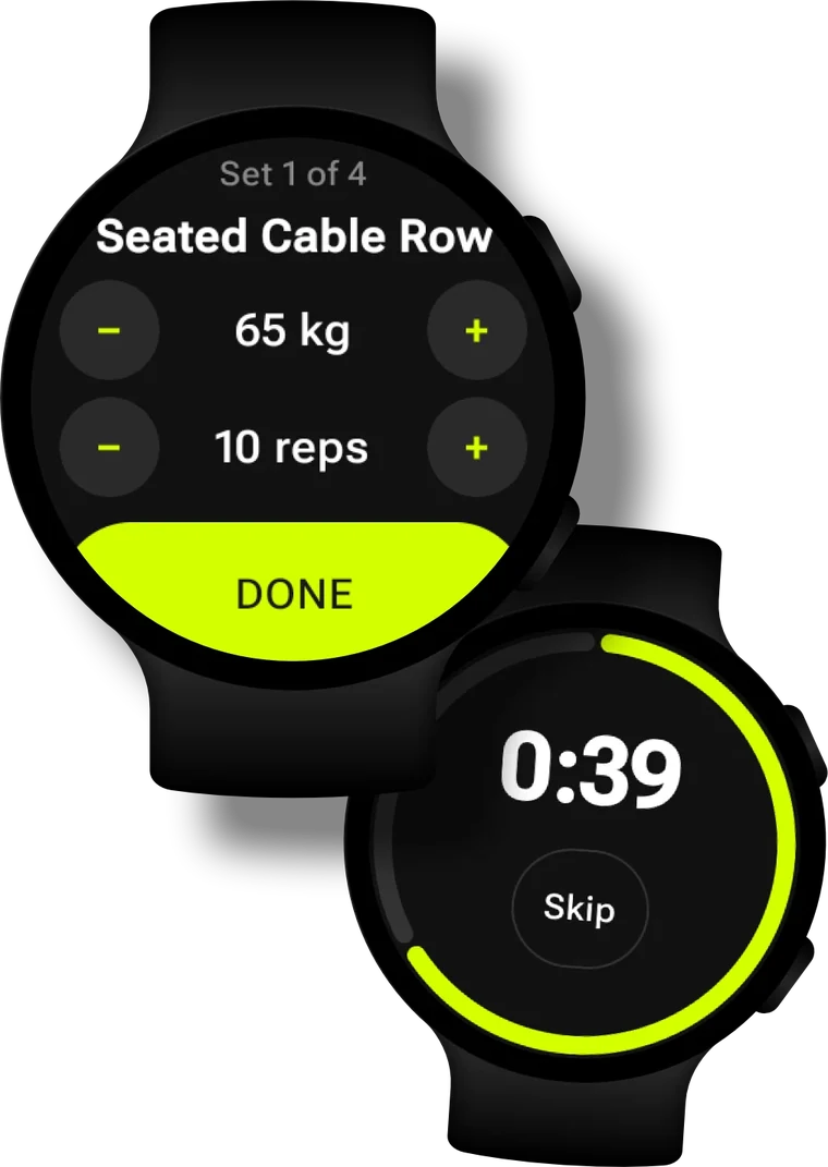 BULQ on Wear OS - logging a set and a live rest timer on two smartwatches