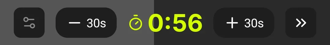 Rest timer with minus and plus thirty second controls